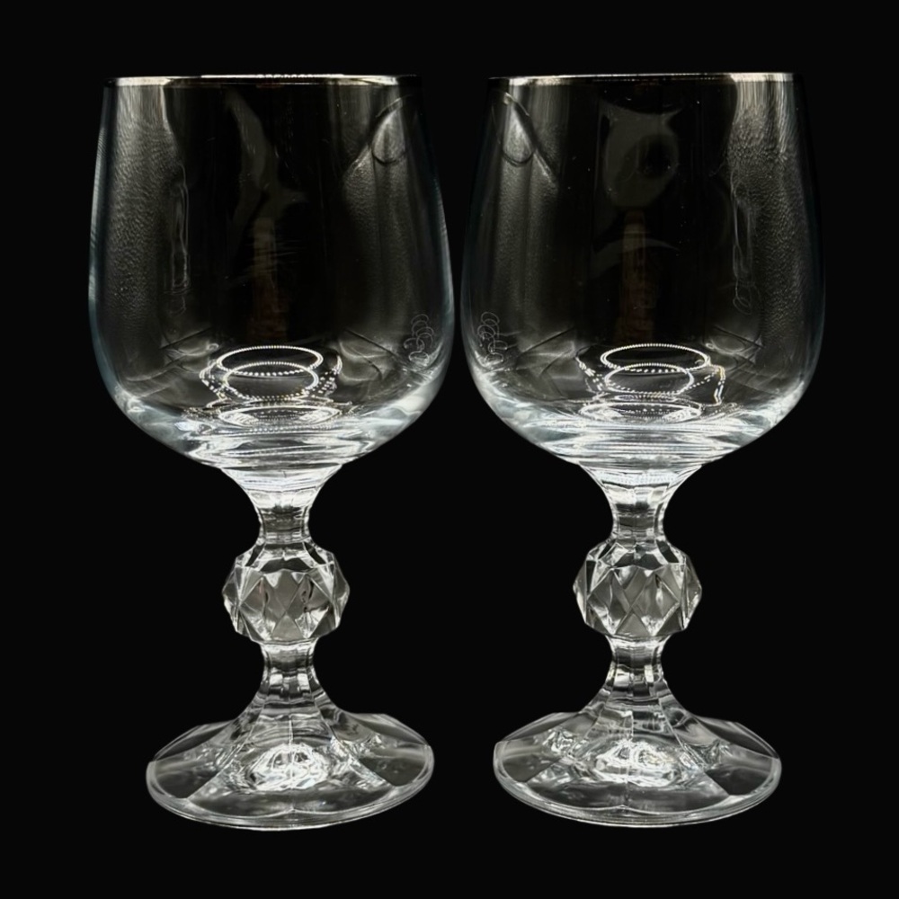 VTG Claudia Bohemia Crystal Wine‎ Glasses Platinum Rim 5.75" Faceted Stem (2)